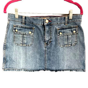 Vtg Y2K Tommy Jeans Denim Micro Mini Skirt 13 Low Rise Snap Pockets